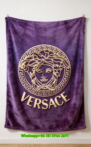 Versace Purple Gold Medusa Greek Key Logo Print Flannel Sofa Throw Blanket IMG_1315
